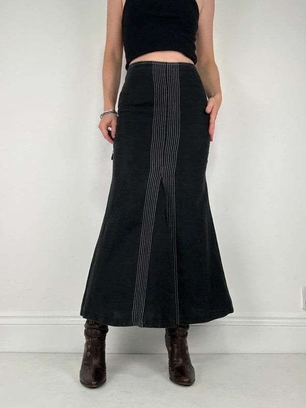 black linen high-waisted stitched flare maxi skirt