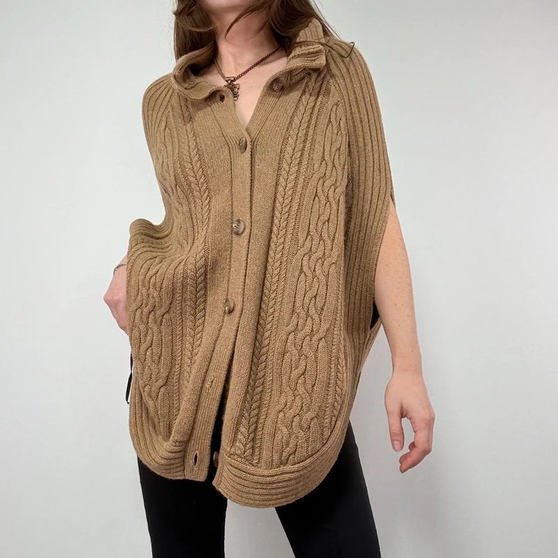Tan Cable Knit Cape Cardigan