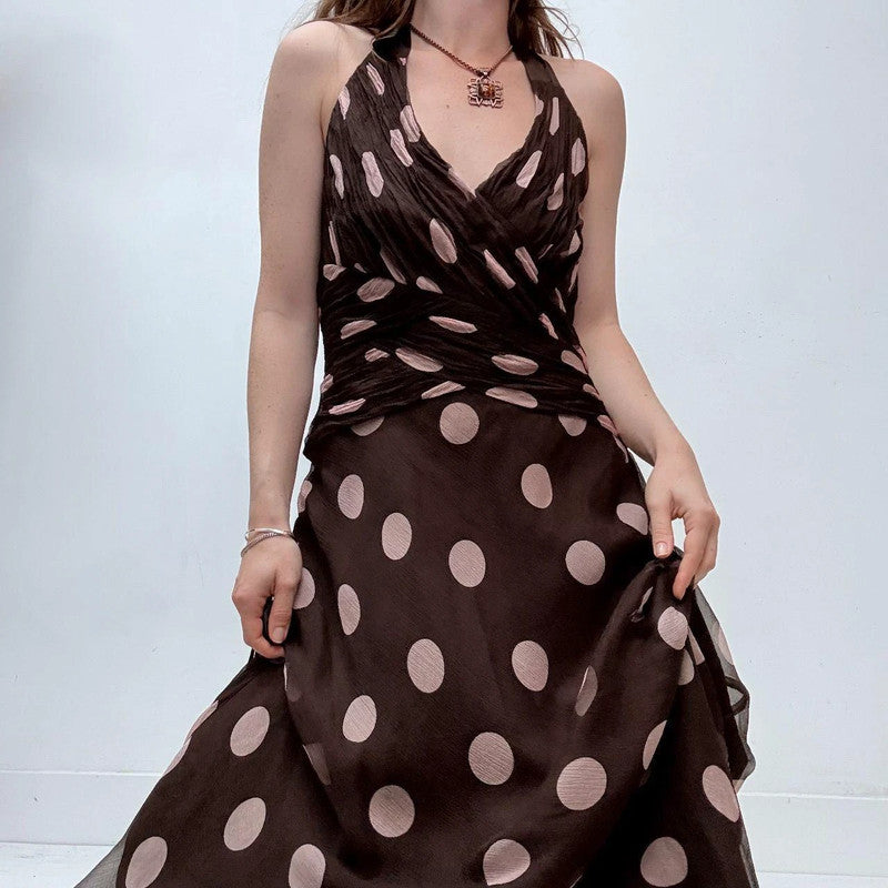brown silk polkadot halter dress
