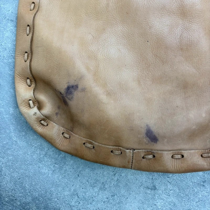 Beige leather woven distressed shoulder bag