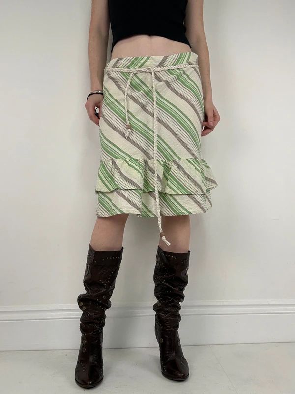 Pinstripe ruffle boho Y2K midi skirt