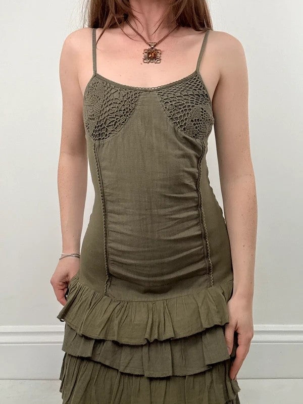 Khaki cotton ruffle lace mini dress