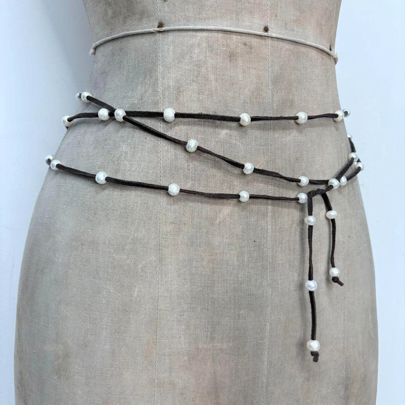 brown suede pearl wrap waist beads