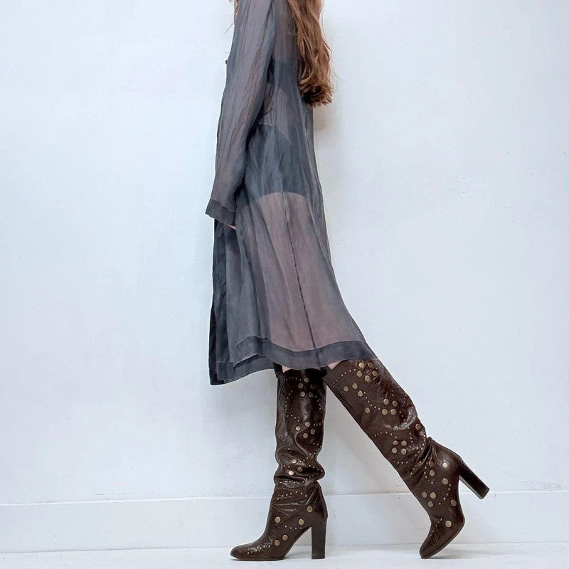 blue silk sheer long-shirt dress