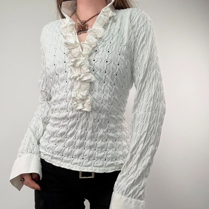 textured white fitted ruffle shirt