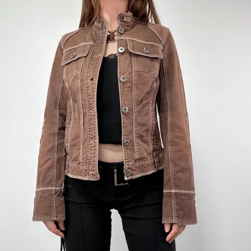 distressed brown cargo denim jacket