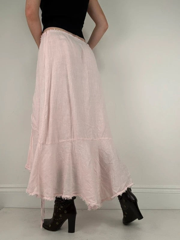 Pink linen flared asymmetric midi skirt