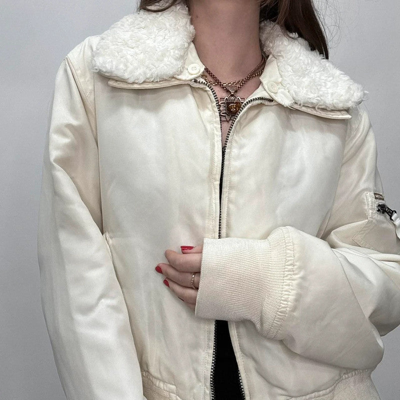 cream slouchy fur bomber jacket