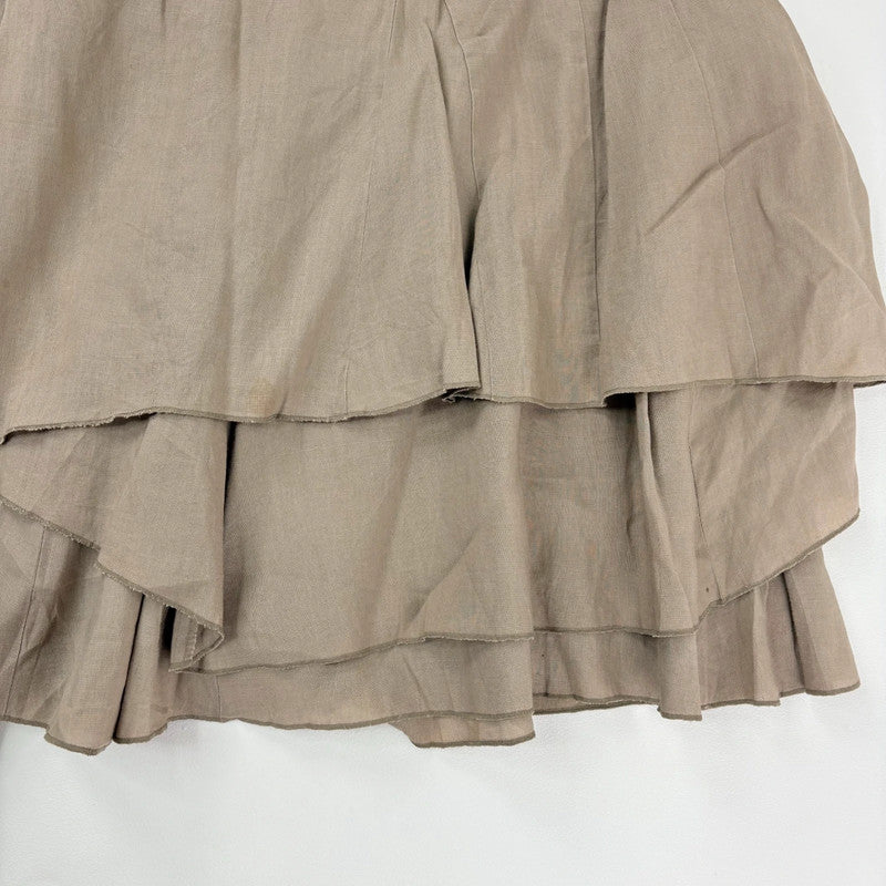 tan linen pleated asymmetric midi skirt