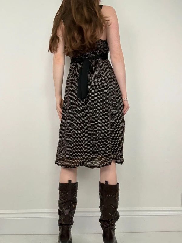 black polkadot flared midi dress