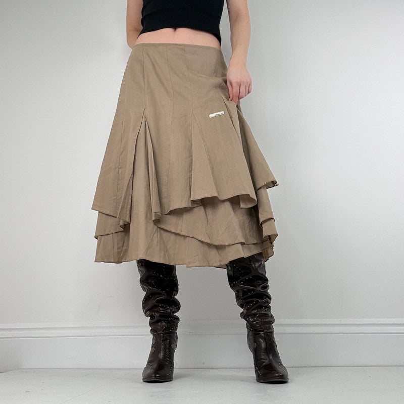 tan linen pleated asymmetric midi skirt