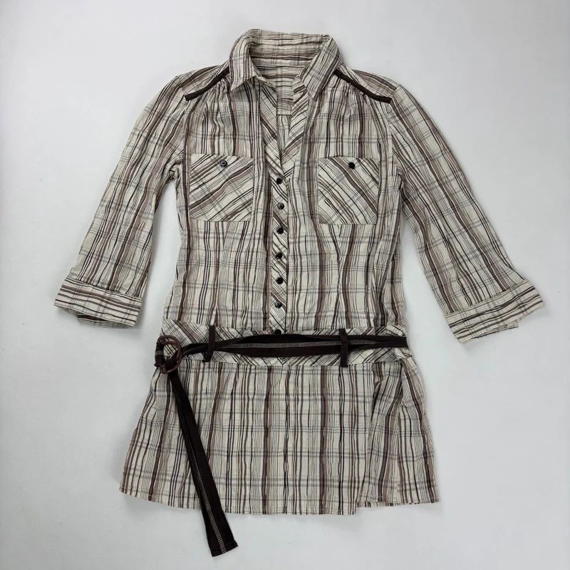brown pinstripe checked drop waist dress