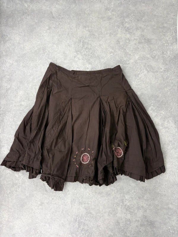 Brown cotton pleated flare boho floral skirt