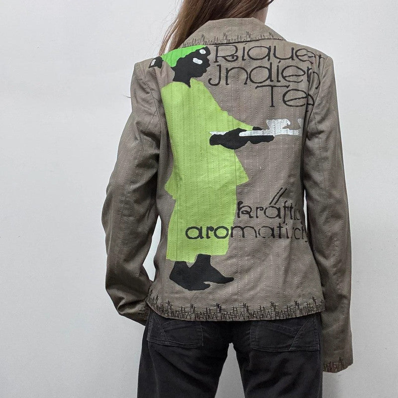 khaki pinstripe graphic printed blazer jacket