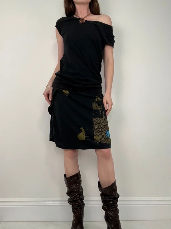 off the shoulder black slouchy drop waist dress