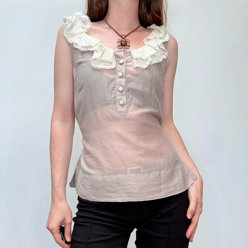 lace ruffle sheer silk cream shirt