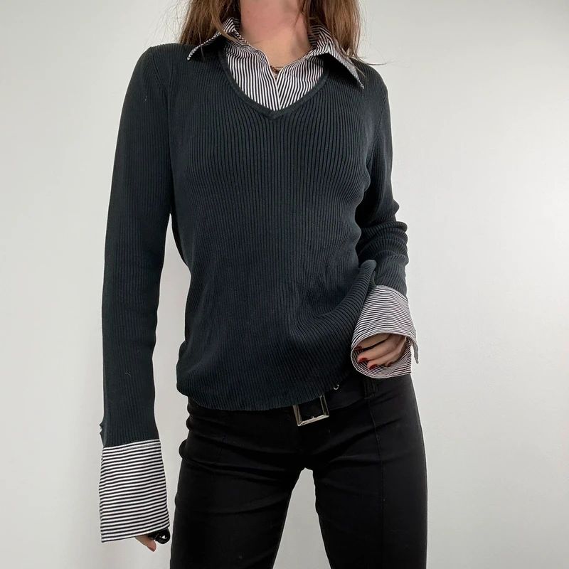 black ribbed knit layered shirt jumper