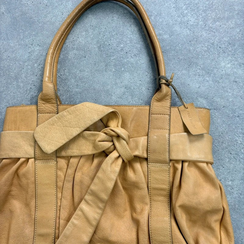 Cream yellow leather knot pleated handbag