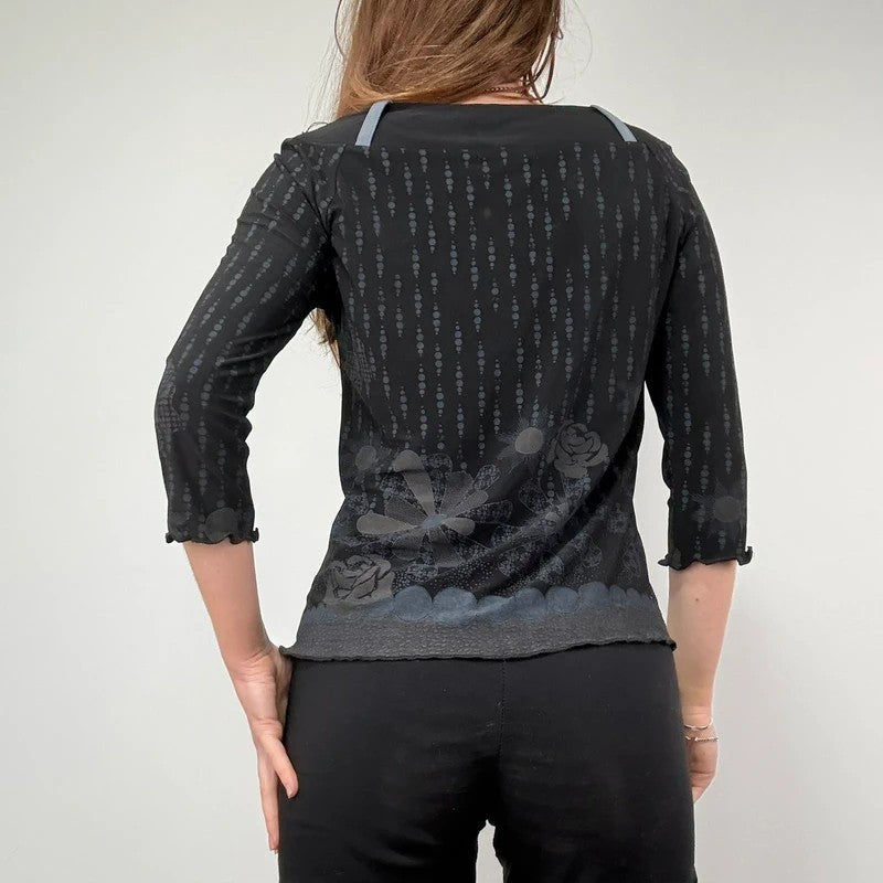 black wide neck belt loop 3/4 length sleeve polkadot t-shirt