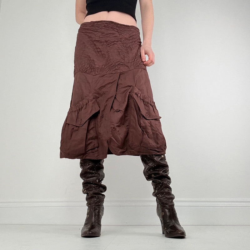 brown crinkle pleated puff skirt