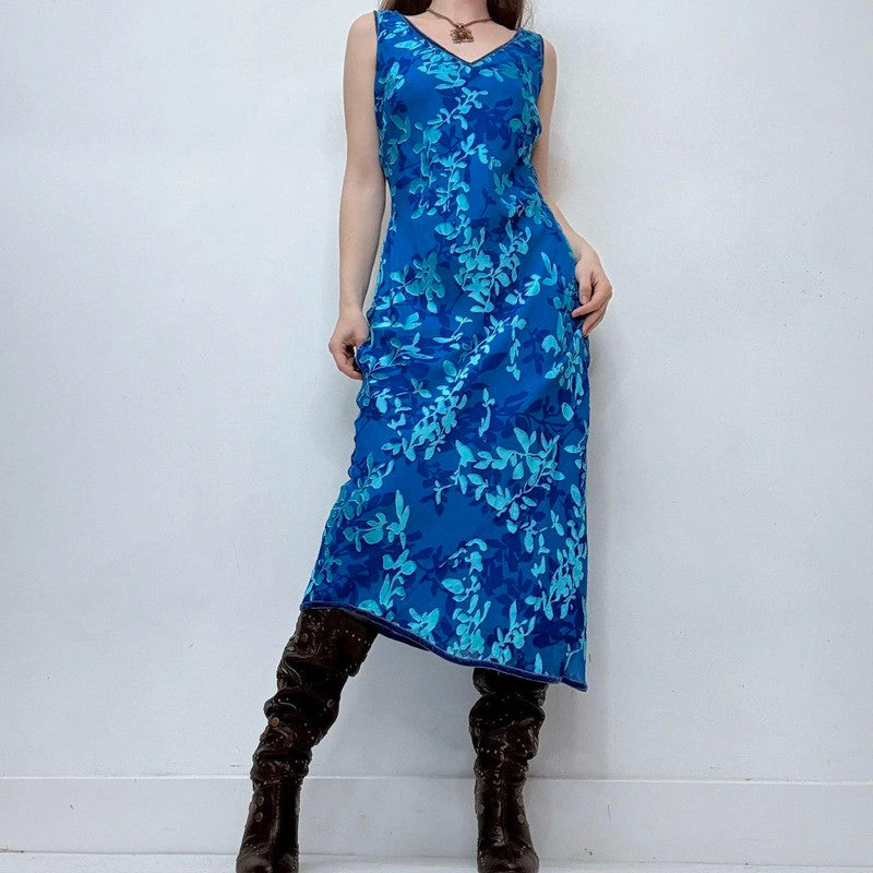 blue floral embossed silk bias cut dress