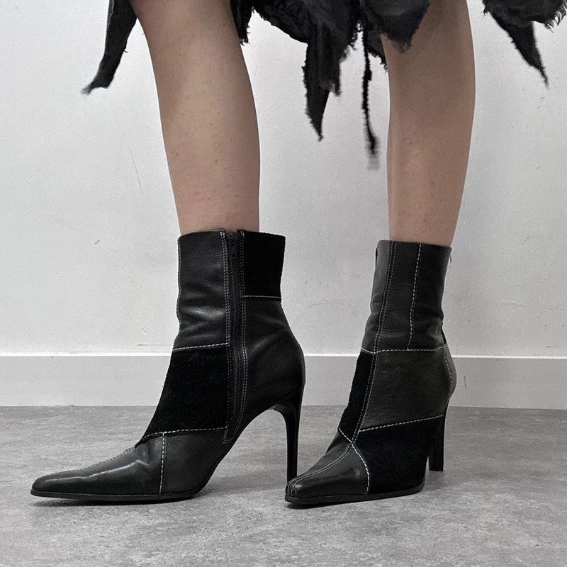 patchwork black suede heel boots