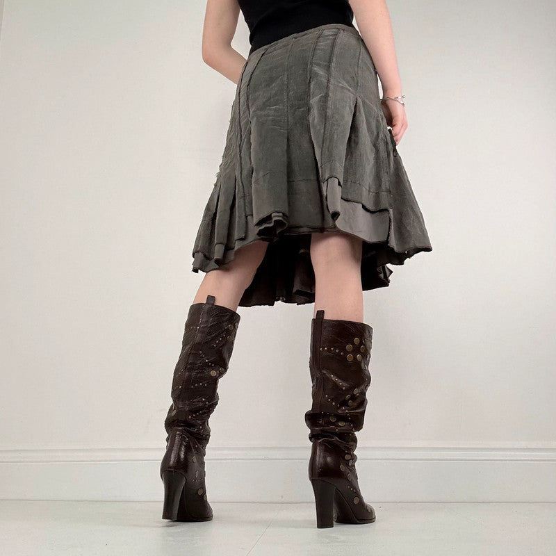 khaki pleated flared utility skirt