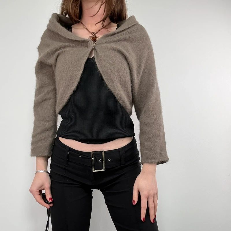 brown angora knit cropped slouchy cardigan