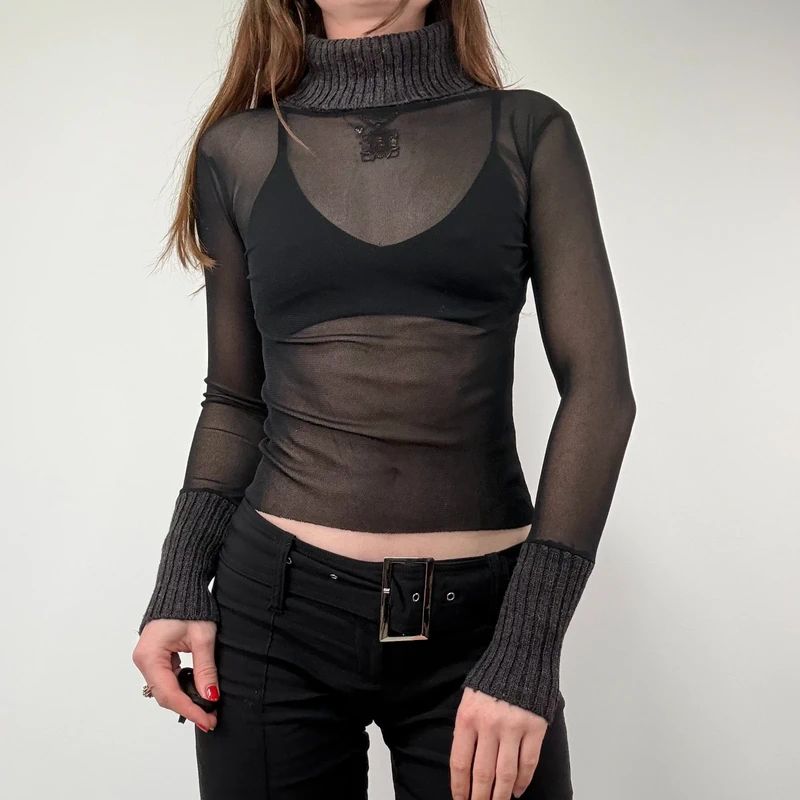 Black Ribbed Mesh Grunge Top