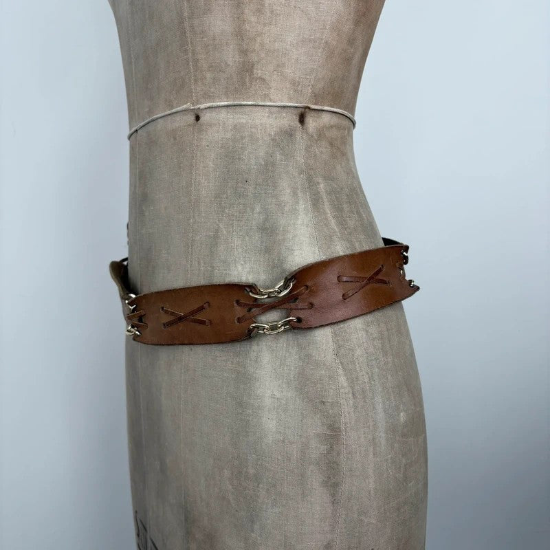 Boho tan leather belt with gold chain and tassel suede