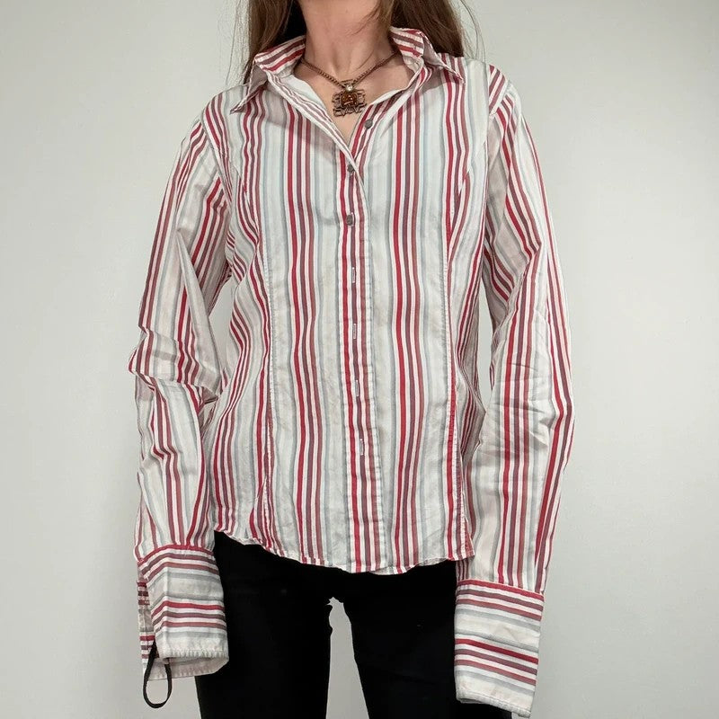 pinstripe preppy fitted flared white and red shirt