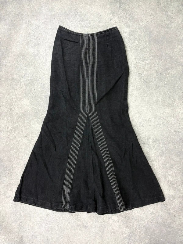 black linen high-waisted stitched flare maxi skirt