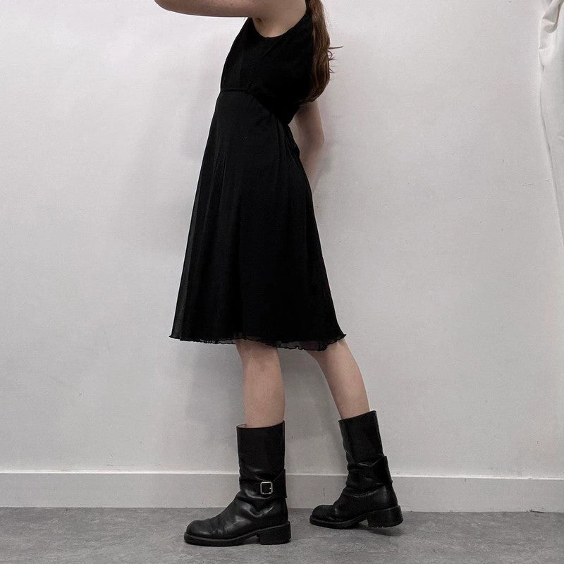 black pleated cinched mini dress