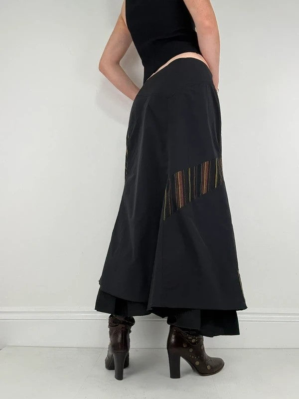 Black flared pleated pinstriped layered maxi skirt