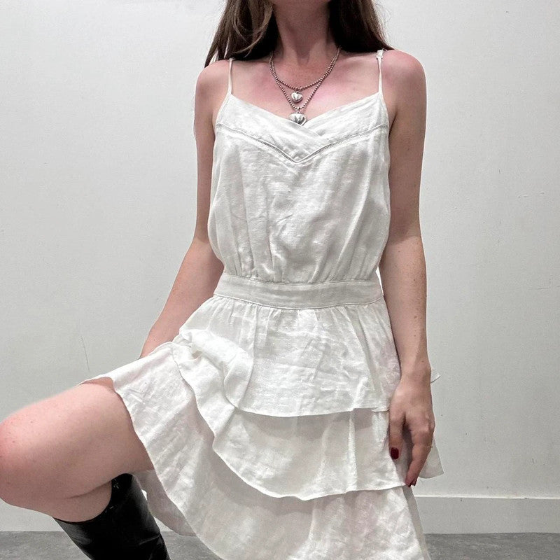 white linen ruffle dress