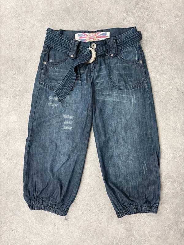 cropped denim puff capri pants