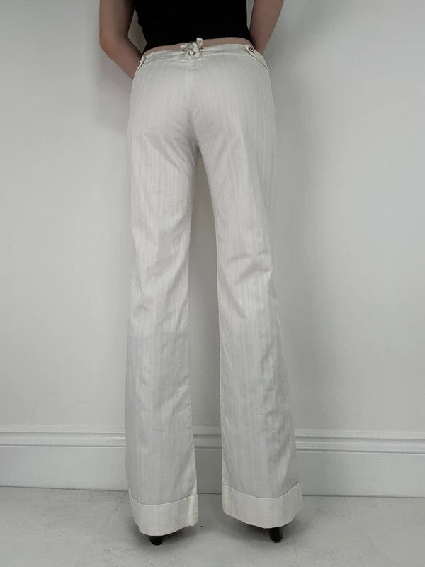 Lot rise white cotton pinstripe flared trousers