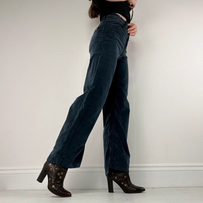 navy blue velvet flared trousers