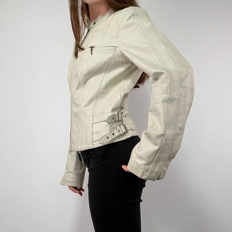 Cream Cropped Leather Biker Jacket