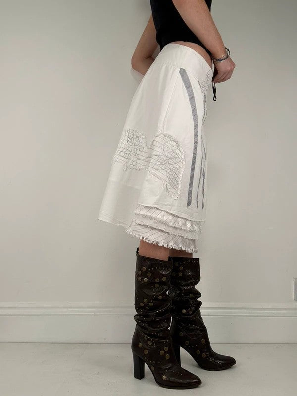 White fray patchwork asymmetrical bow midi skirt