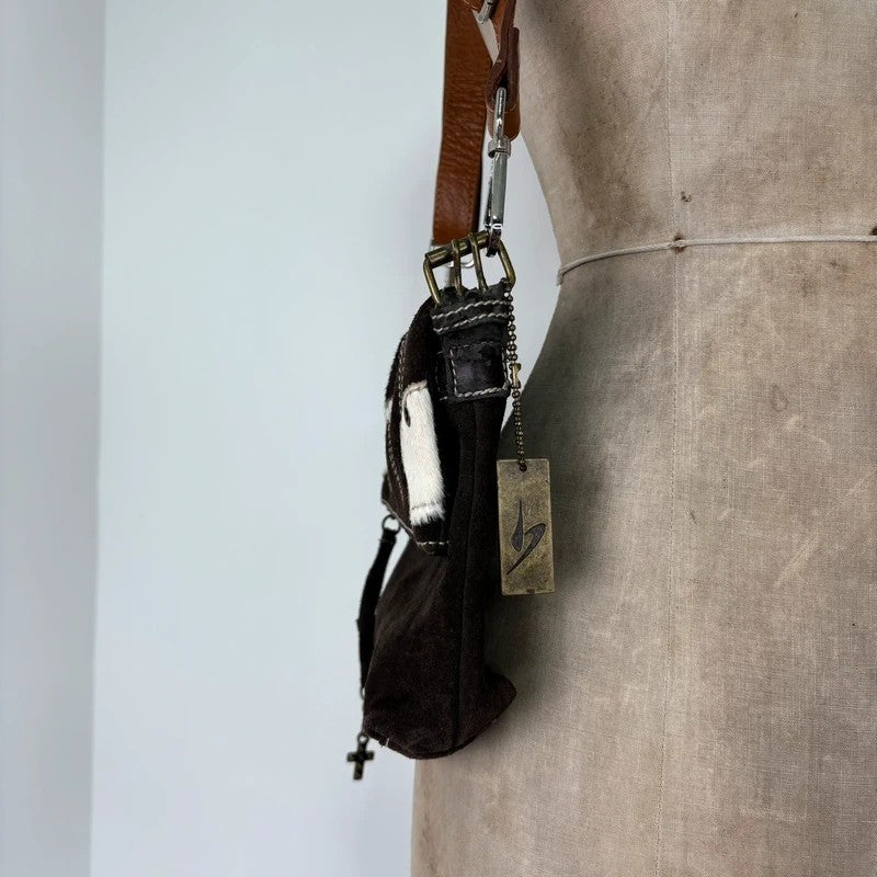 brown suede cowhide leather patchwork bag