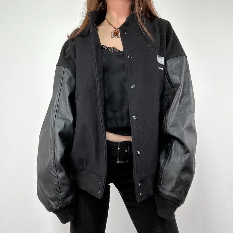 Black Leather Varsity Bomber Jacket