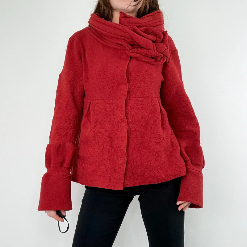 asymmetric red flared fleece jacket