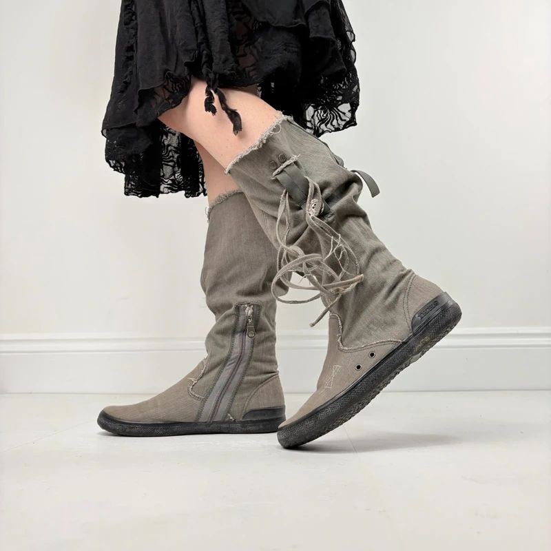grey canvas slouchy trainer boots