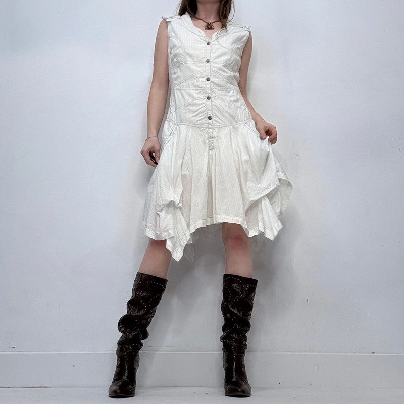 white pinstripe draped ruffle dress