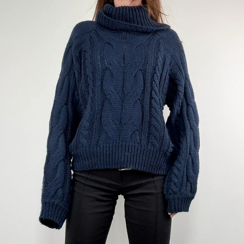 navy chunky cable knit turtle neck jumper