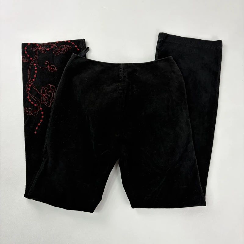 black suede embroidery flared trousers