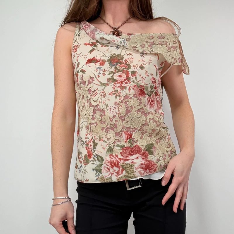 Lace Print cowl neck Drape Vest
