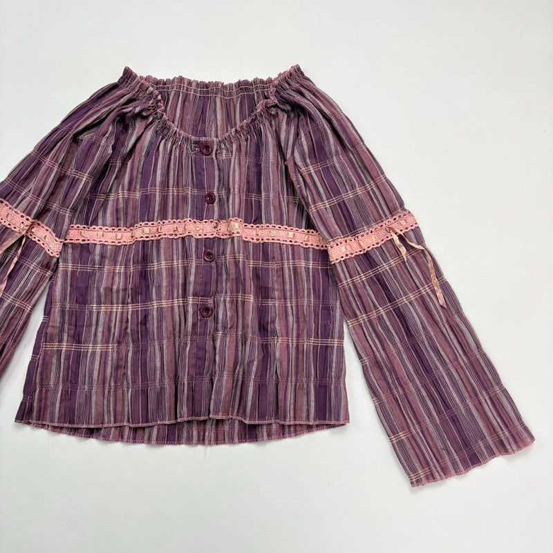 tartan off the shoulder gathered cotton shirt