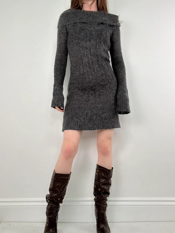 grey mohair knit slouchy off the shoulder dress